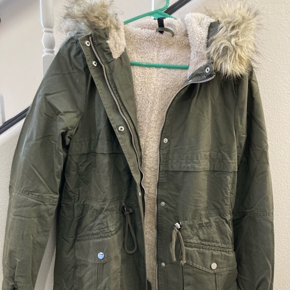 H&M fur lined jacket, army green, never worn - Picture 1 of 3